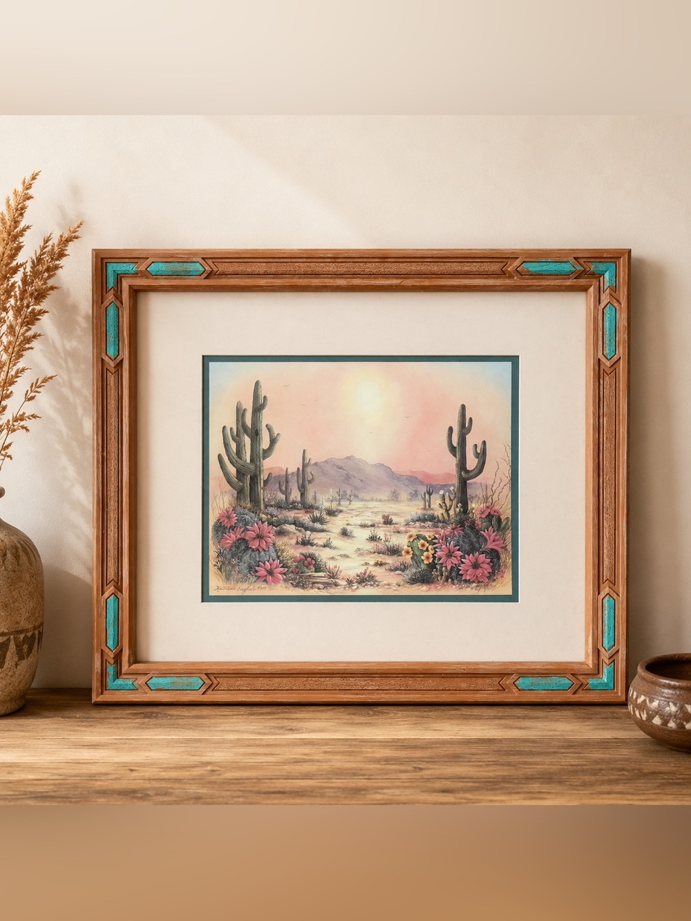 Vintage Kathleen English-Pitts Southwestern Desert Cactus Framed Wall Art Print